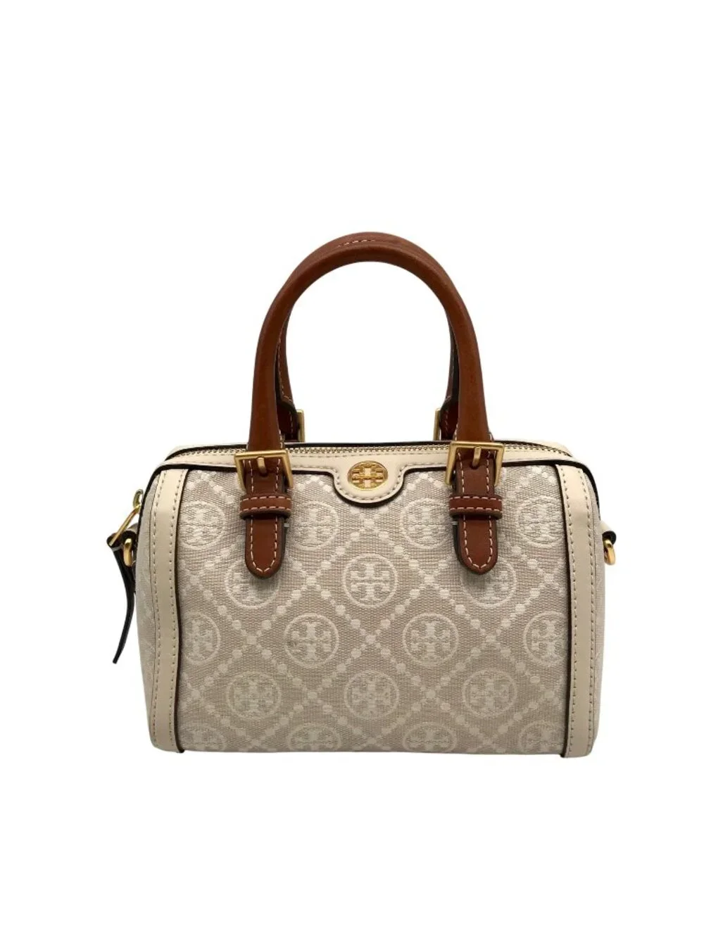 Tory Burch Beige Jacquard Monogram Logo Petite Barrel Bag